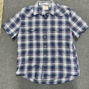 Lucky Brand Men's Button Down Pearl Snap Size L Blue Western Short Sleeve